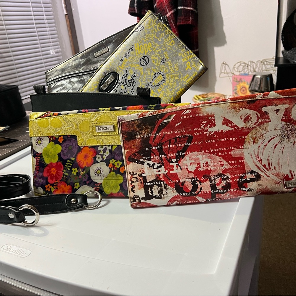 Miche Yellow Red Purple Green Graphic Handbags Base like new incl/straps